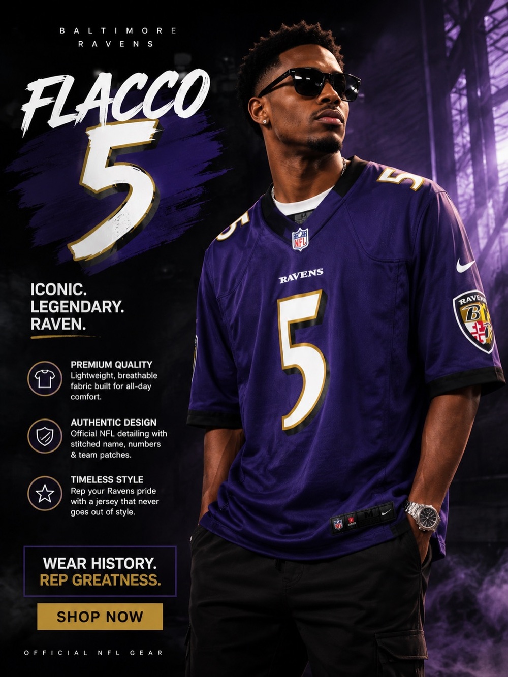 NFL Baltimore Ravens Purple & Gold #5 Men’s Football Jersey